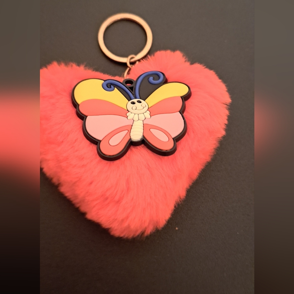 Heart-Shaped Red Fluffy Keychain with Butterfly New with plastic packaging